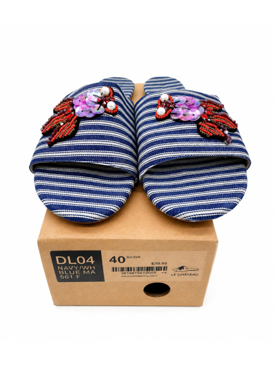le chateau Shoes - Le Château Women’s Striped Beaded Slide Sandals Blue White Size 40 US 9